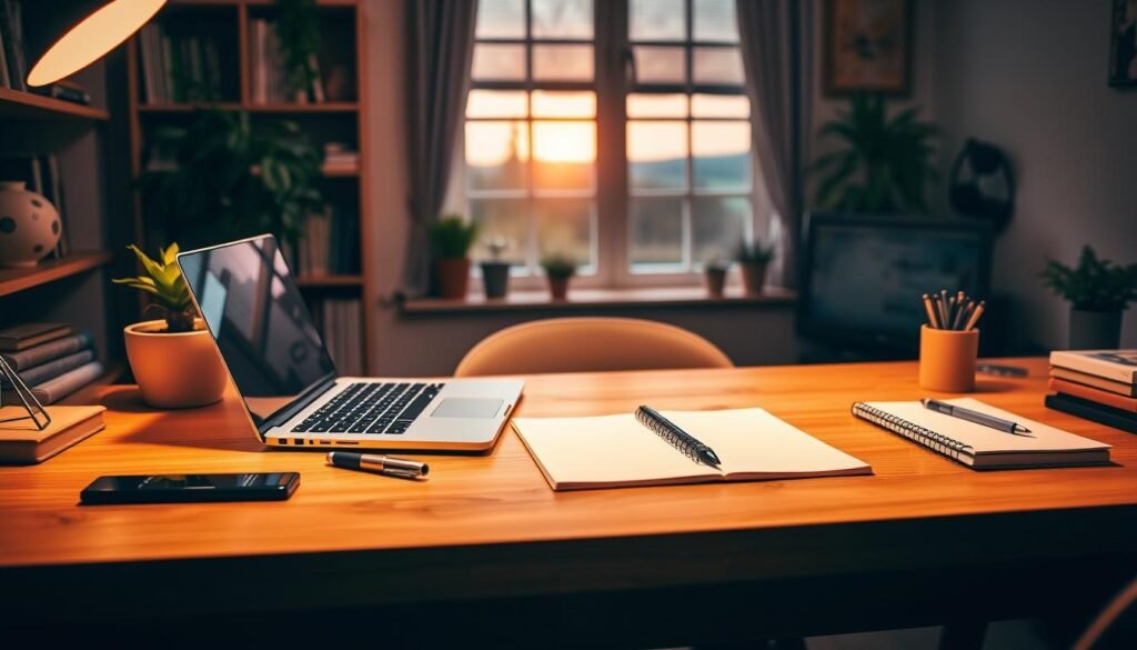 A cozy home office setup with a laptop, pen, notebook, and other office supplies on a wooden desk. Warm ambient lighting casts a soft glow, creating a comfortable and focused atmosphere. In the background, bookshelves and potted plants add natural elements, while a window offers a glimpse of a serene outdoor landscape. The scene conveys a sense of productivity and inspiration, perfect for generating blog content.