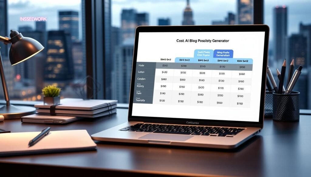 A sleek, modern office desk with a laptop and various office supplies, set against a backdrop of a city skyline with towering skyscrapers. The foreground features a cost comparison chart on the laptop screen, displaying different AI blog post generator options and their corresponding prices. The image conveys a sense of productivity, technology, and the need to make informed decisions when choosing an AI writing assistant. The lighting is soft and warm, creating a professional and inviting atmosphere.