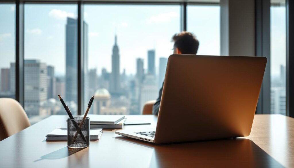 A sleek modern office with floor-to-ceiling windows, bathed in soft natural lighting. In the foreground, a stylish desk with a laptop, a pen cup, and a stack of papers. On the screen, an AI-generated blog post template with a clean, minimalist design. In the middle ground, a person sitting at the desk, deep in thought, fingers hovering over the keyboard. In the background, the cityscape of a thriving metropolis, hinting at the global reach and impact of AI-powered content creation.