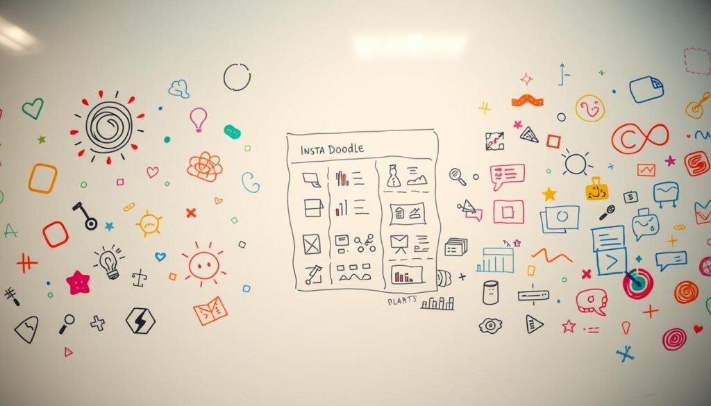 A vibrant whiteboard filled with colorful hand-drawn doodles and sketches, with a smooth, textured surface. In the foreground, abstract shapes, spirals, and doodle-style illustrations dance across the board, creating a sense of playfulness and creativity. The middle ground features a clean, minimal layout with various icons, charts, and diagrams, hinting at the informative nature of the "InstaDoodle" videos. The background is softly lit, with warm, diffused lighting that casts a natural, inviting glow over the entire scene. The overall atmosphere is one of spontaneity, learning, and visual engagement, perfectly capturing the essence of the "InstaDoodle" concept.
