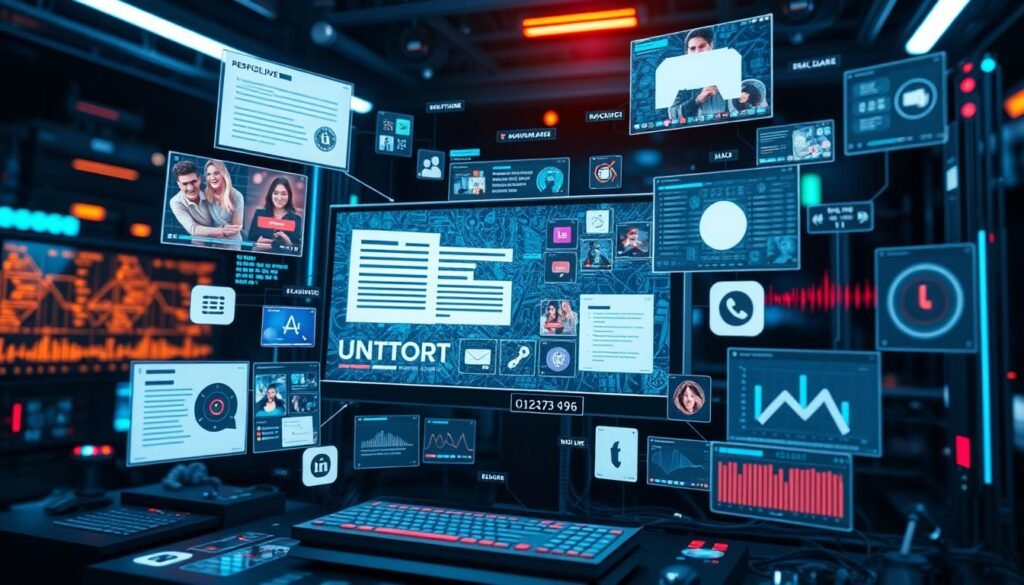Generate an image of a futuristic AI system creating diverse content.