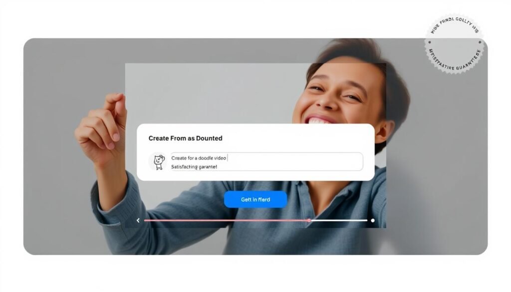 Generate an image of a person happily creating a doodle video with InstaDoodle, with a subtle background hint of a refund or satisfaction guarantee.