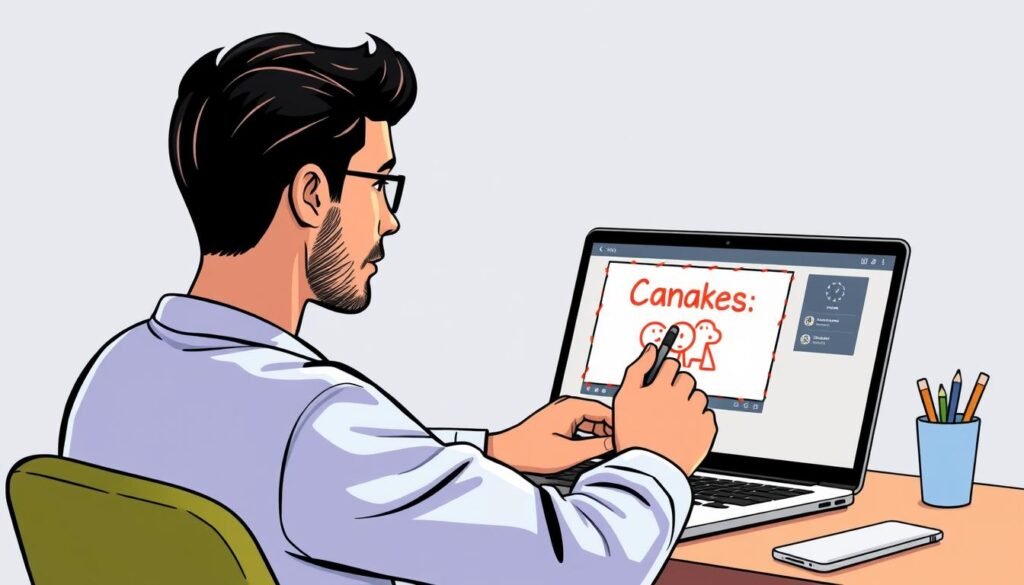 Generate an image of a person using InstaDoodle on their laptop to create a whiteboard animation video.