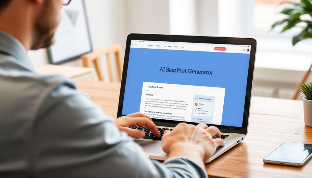 Generate an image of a person using a laptop with an AI blog post generator interface on the screen.