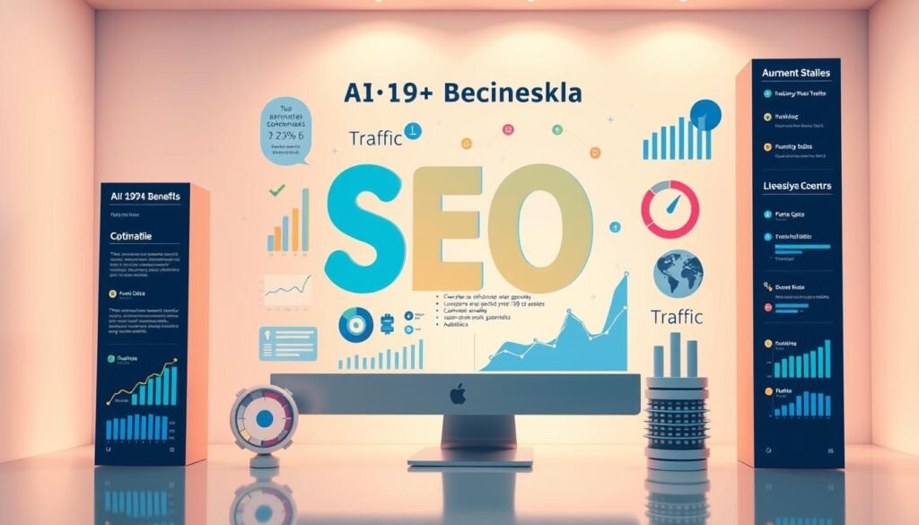 high-detailed, dynamic, visually-striking image of the SEO benefits of AI-generated blog content, with a clean, professional appearance, against a bright, minimalist background with a soft, warm lighting scheme, showcasing various SEO-focused elements like rankings, traffic, and analytics, presented in an informative, data-driven style that emphasizes the advantages of leveraging AI for content creation
