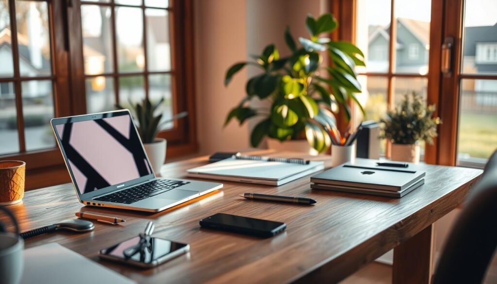 A cozy home office with a laptop, smartphone, and various office supplies on a wooden desk bathed in warm, natural lighting. In the background, a lush indoor plant and a window overlooking a tranquil suburban neighborhood. The scene conveys a sense of productivity, flexibility, and the potential to earn income from the comfort of one's own home.