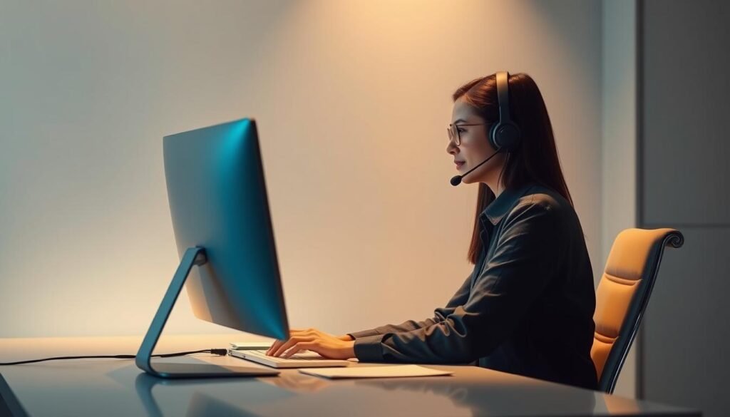 A remote customer service representative sitting at a desk, surrounded by a minimalist, modern office setting. The agent is wearing a headset and intently focused on a computer screen, engaged in a virtual conversation. Warm, indirect lighting illuminates the scene, creating a calm and professional atmosphere. The background features clean lines, neutral colors, and subtle textures, emphasizing the digital nature of the work. The overall composition conveys the efficiency and responsiveness of a remote sales support role.