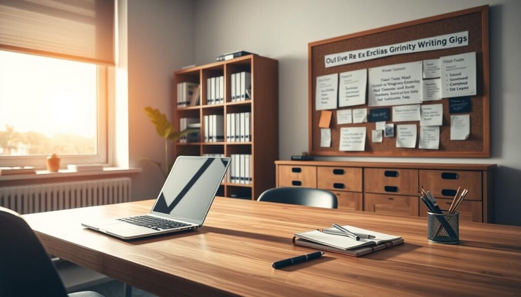A sleek, modern office workspace with a laptop, notebook, and writing utensils arranged neatly on a minimalist wooden desk. Warm, focused lighting from a large window casts a gentle glow, creating a productive and professional atmosphere. In the background, a bookshelf filled with reference materials and a cork board displaying various writing assignments and opportunities. The scene conveys a sense of focused productivity and access to exclusive, high-quality writing gigs.