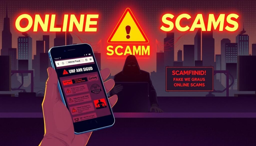A stylized digital illustration depicting various online fraud warning signs. In the foreground, a cautious hand holds a smartphone displaying a suspicious website with red flags like misspellings, fake logos, and unrealistic claims. In the middle ground, silhouettes of scammers lurk behind shadowy computer screens. The background features a gloomy, cyberpunk-inspired cityscape with neon-lit skyscrapers and a cautionary message about online scams glowing ominously. Moody lighting, high contrast, and a retro-futuristic aesthetic convey a sense of digital danger and the need for vigilance.