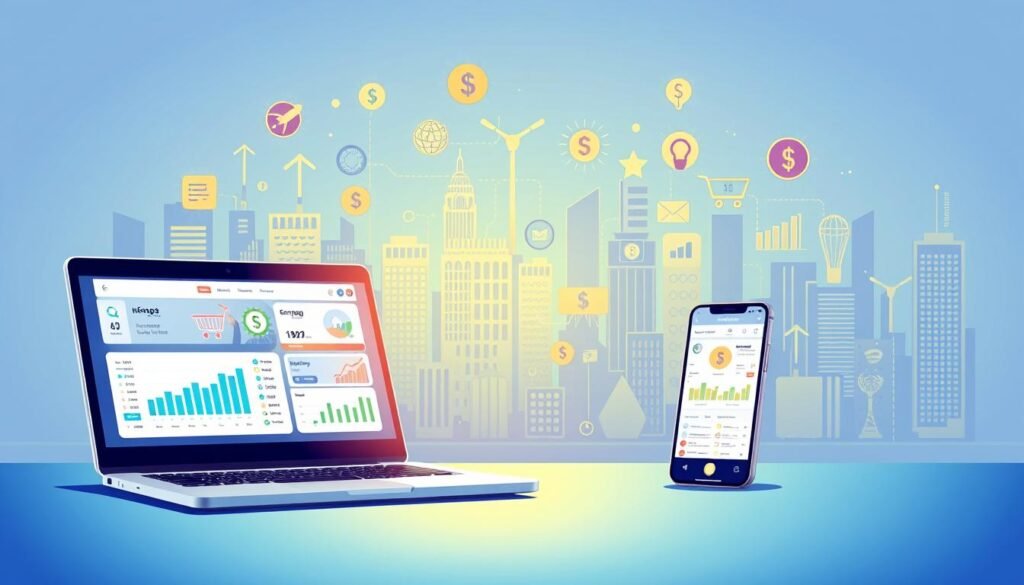 A vibrant, modern illustration showcasing various online money-making opportunities. In the foreground, a sleek laptop and smartphone display earnings dashboards, digital wallets, and e-commerce platforms. The middle ground features a diverse array of icons representing remote work, freelancing, e-learning, and passive income streams. In the background, a stylized cityscape with skyscrapers and digital infrastructure creates a dynamic, tech-savvy atmosphere. The lighting is crisp and clean, with a slight blue-green hue to convey a sense of professionalism and innovation. The overall composition is balanced and visually engaging, capturing the essence of the modern digital economy.