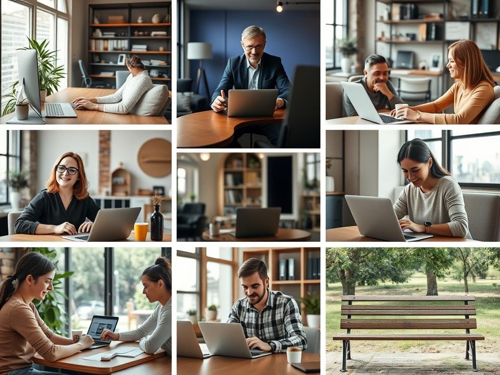 Collage of people working on social media tasks from different locations Collage of people working on social media tasks from different locations