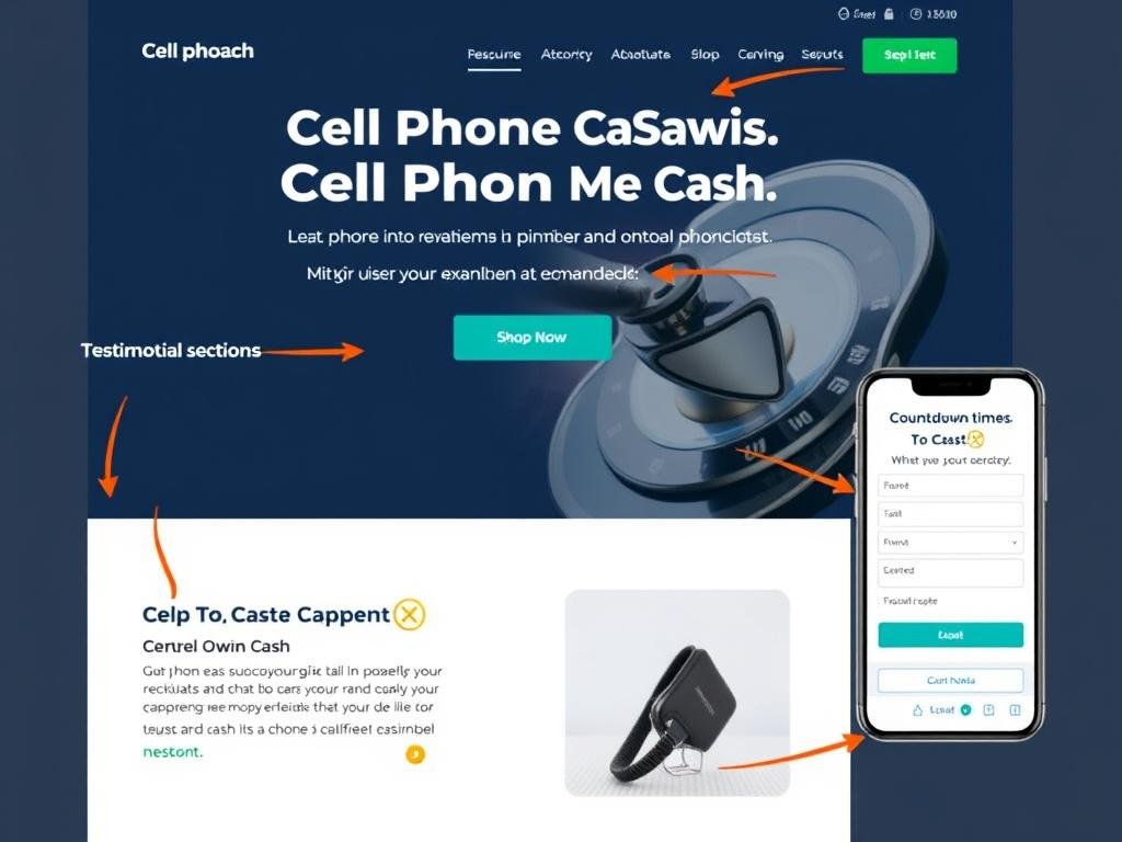 Conversion elements highlighted on a Cell Phone Cash Website template Conversion elements highlighted on a Cell Phone Cash Website template
