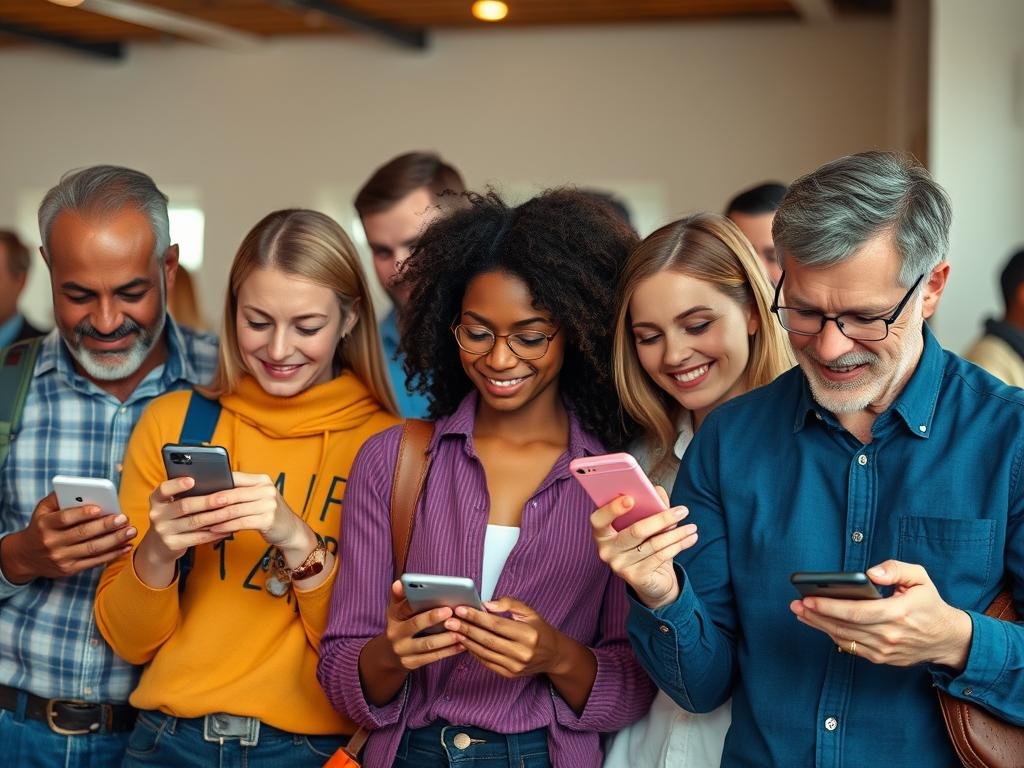 Diverse group of people using smartphones for Write App Reviews review