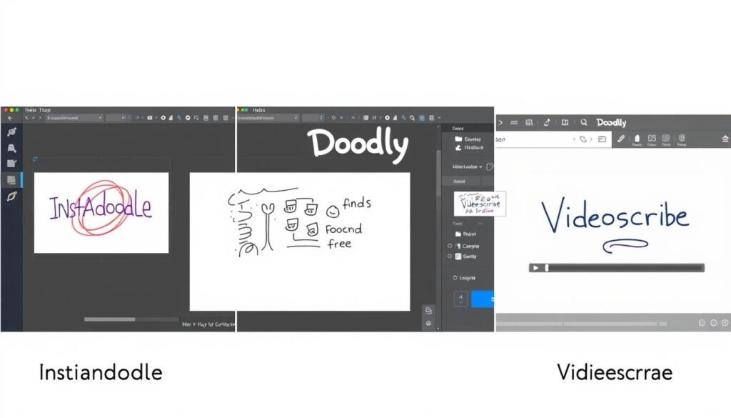 InstaDoodle review comparing the user interfaces of InstaDoodle, Doodly, and VideoScribe side by side