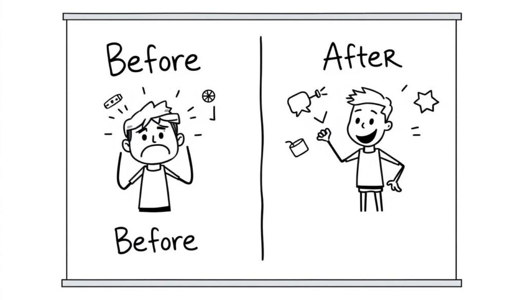 InstaDoodle review showing a problem-solution template with before and after scenarios