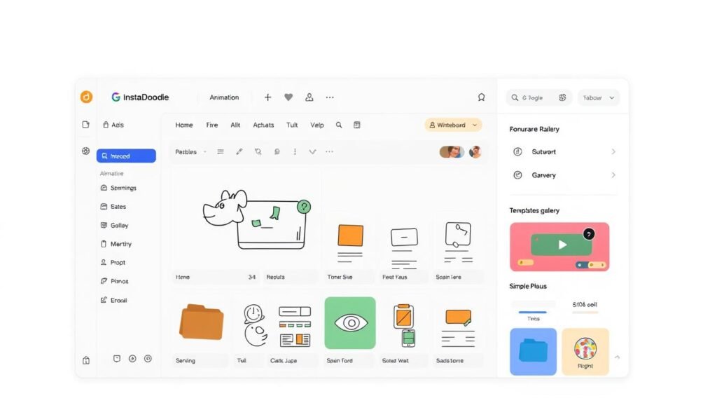 InstaDoodle review showing the main dashboard interface with whiteboard animation tools and templates