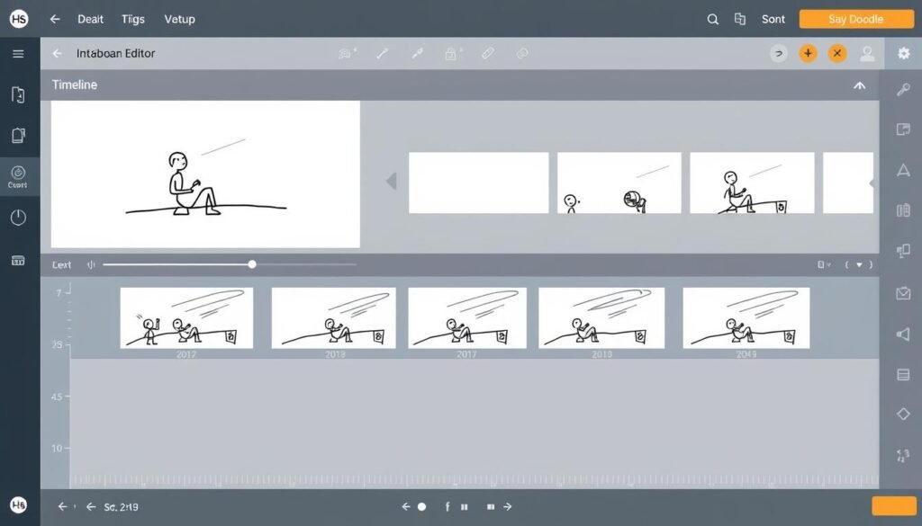 InstaDoodle review showing the timeline editor with multiple scenes for a whiteboard animation project