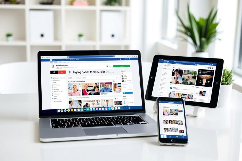 Multiple social media platforms displayed on devices showing Paying Social Media Jobs interface Multiple social media platforms displayed on devices showing Paying Social Media Jobs interface