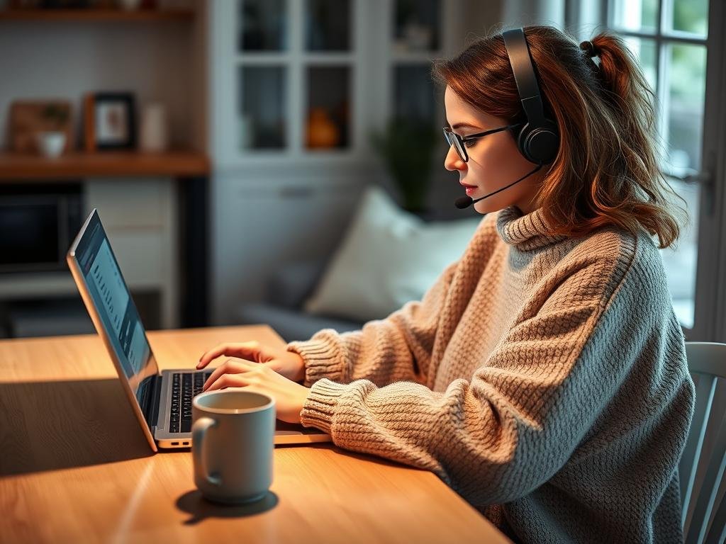 Person in comfortable clothes working on laptop with coffee for online chat support jobs