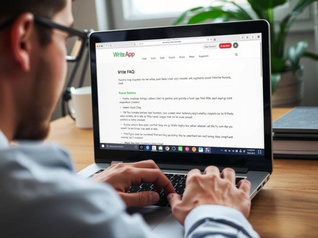 Person looking at FAQ section on Write App Reviews website for Write App Reviews review
