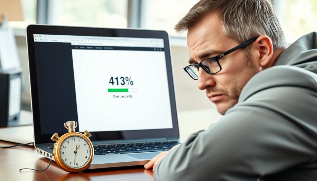 Person looking frustrated at slow loading website on laptop showing Hostinger review comparison