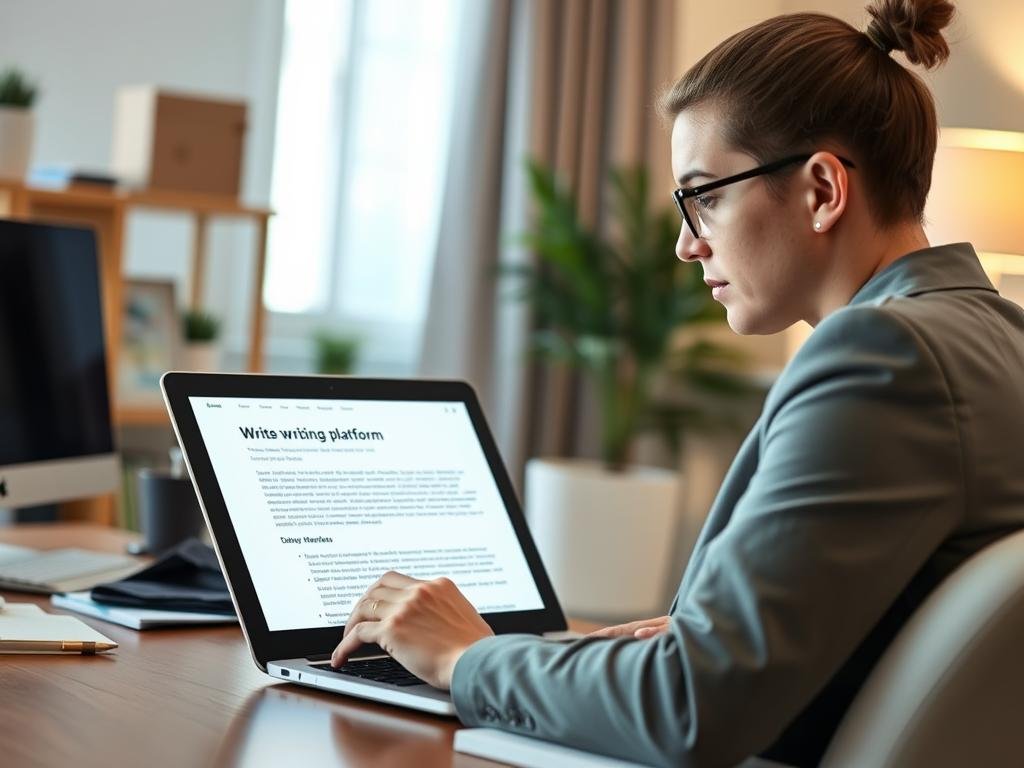 Person reviewing Paid Online Writing Jobs review on laptop