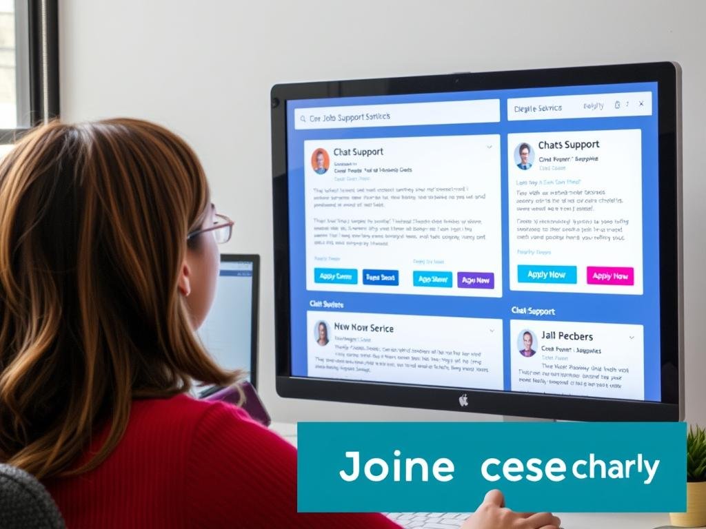 Person reviewing online chat support jobs listings on computer screen