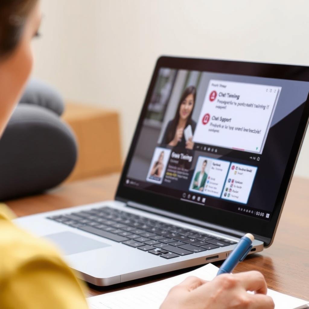 Person taking online course for chat support jobs Person taking online course for chat support jobs