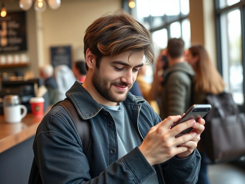 Person testing apps while waiting in line for Write App Reviews review