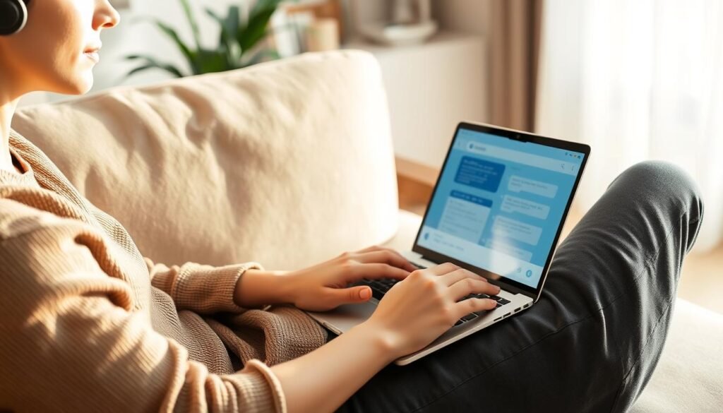 Person working on laptop from home couch for online chat support jobs