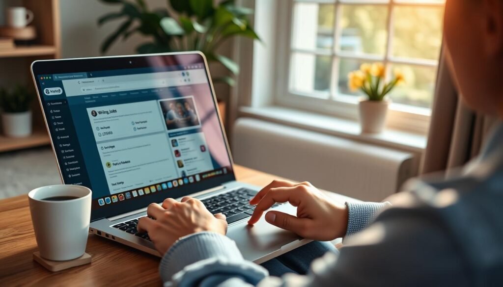Person working on laptop with Paid Online Writing Jobs platform visible on screen