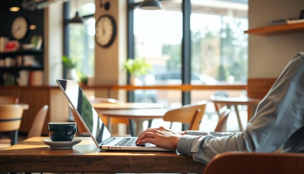 Person working on social media tasks from coffee shop Person working on social media tasks from coffee shop