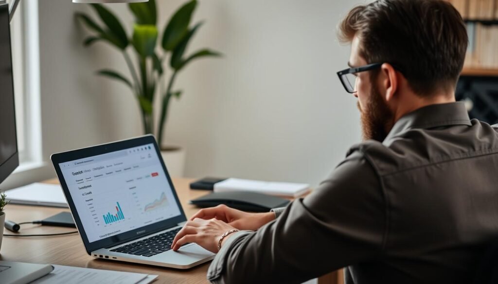 Person working on social media tasks on laptop with income graphs