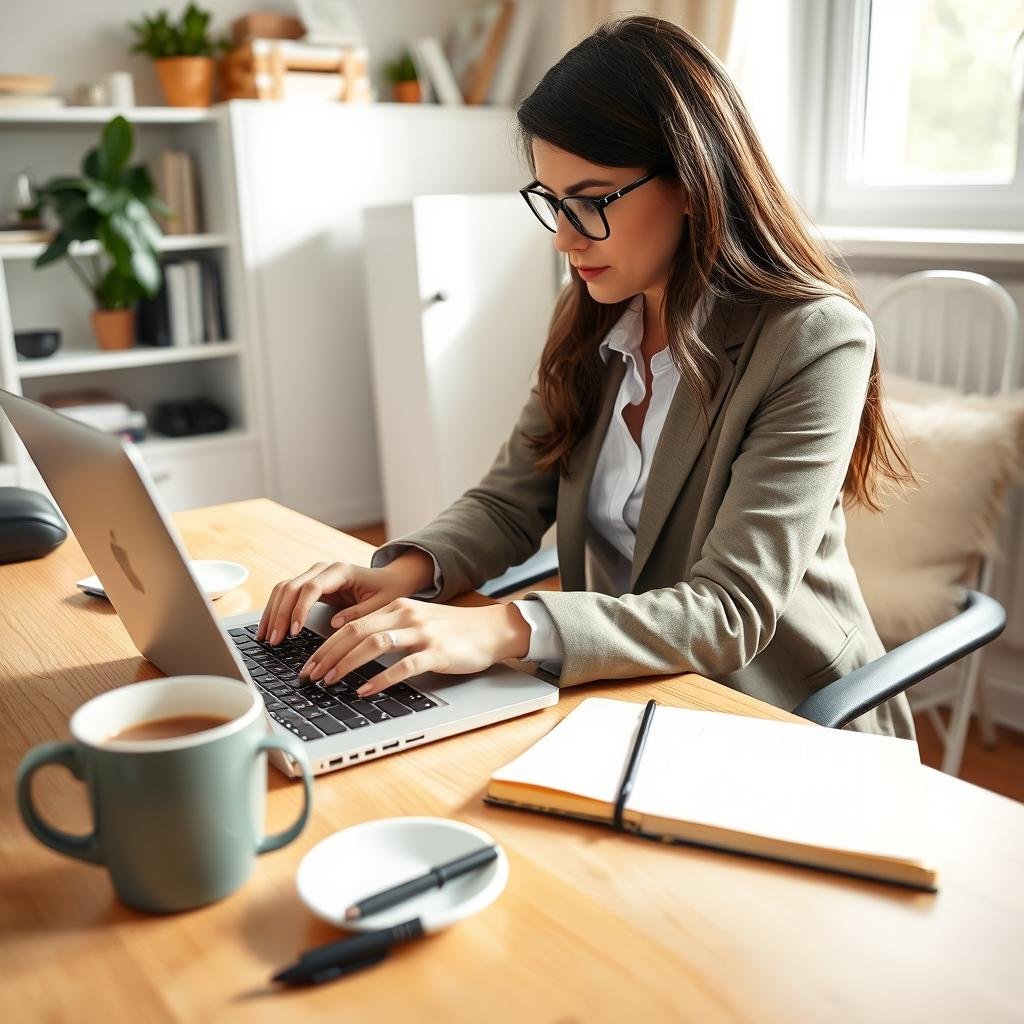 Professional writer working from home office with laptop and notebook