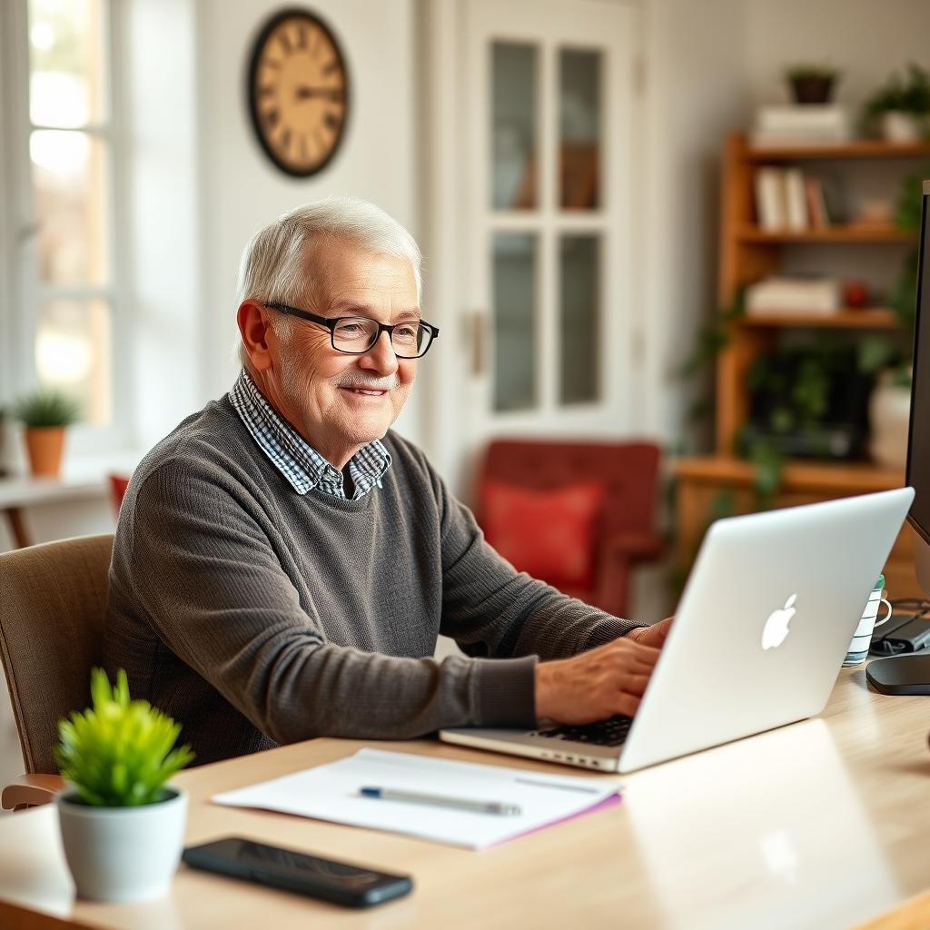 Retiree providing online chat support to shoppers Retiree providing online chat support to shoppers