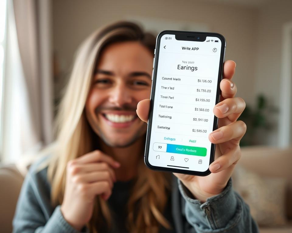 Satisfied Write App Reviews user showing earnings on smartphone for Write App Reviews review