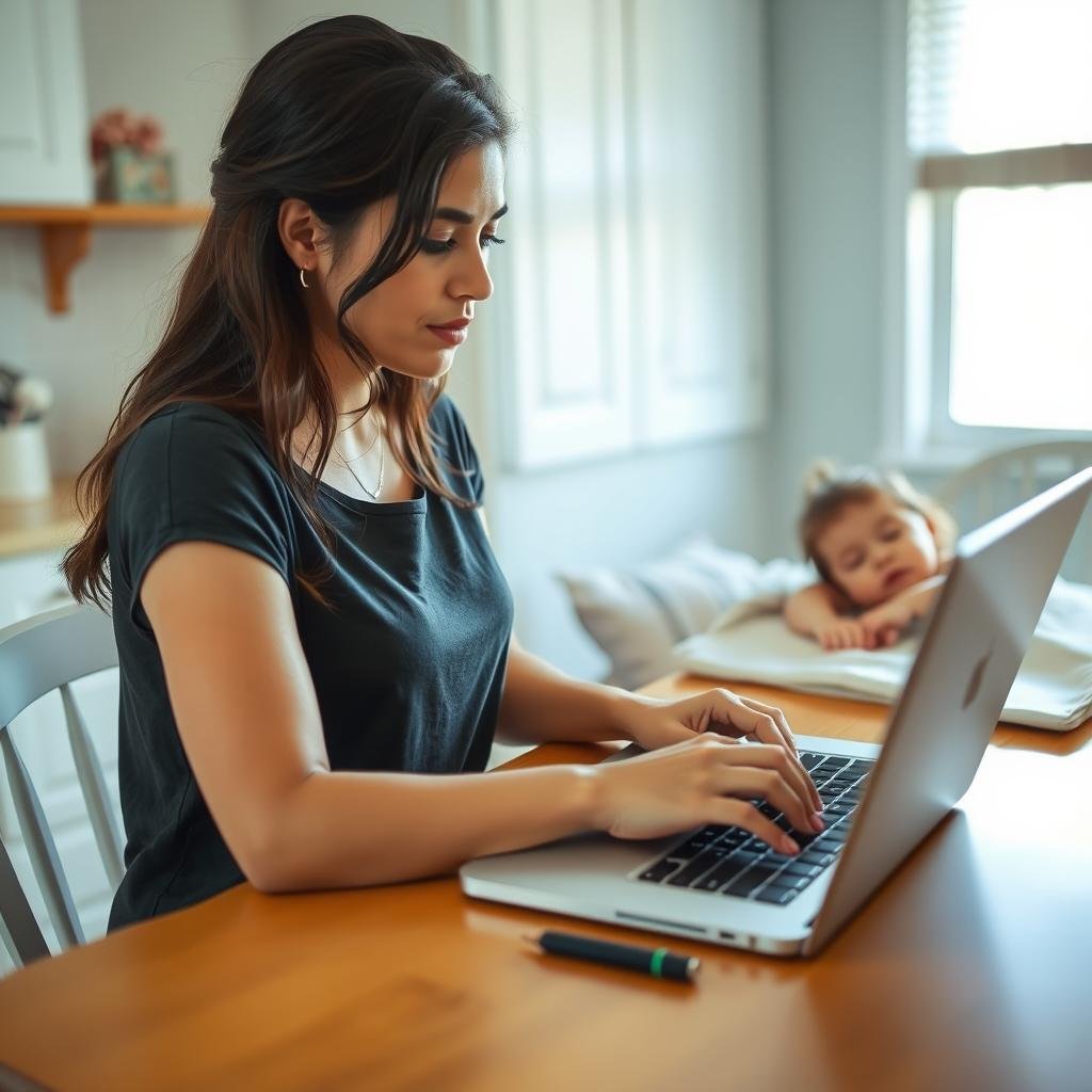 Single mom working on laptop during child's naptime for online chat support jobs Single mom working on laptop during child's naptime for online chat support jobs