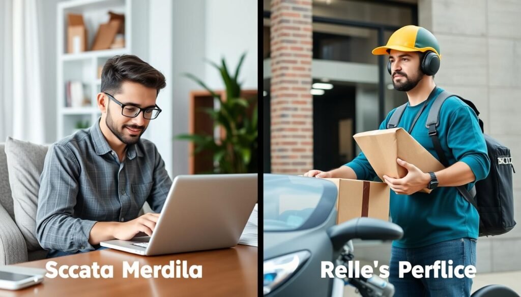 Split screen comparison of social media work versus delivery gig work Split screen comparison of social media work versus delivery gig work